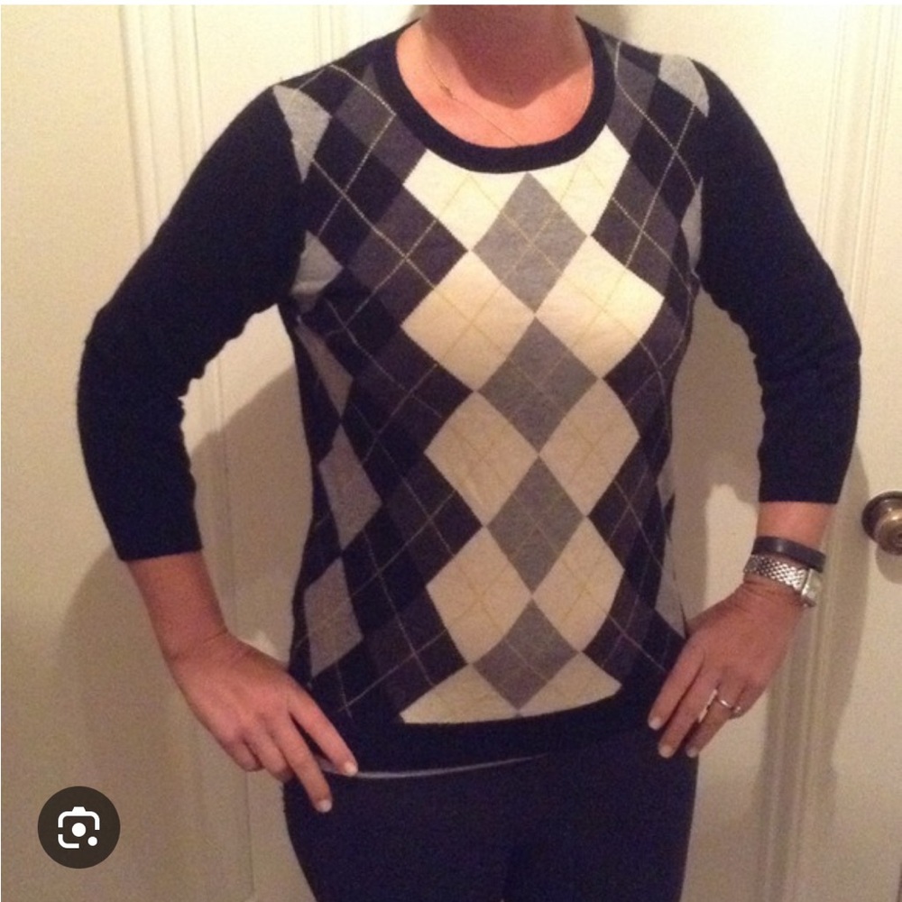 J. Crew Black and Cream Argyle Crewneck Sweater
